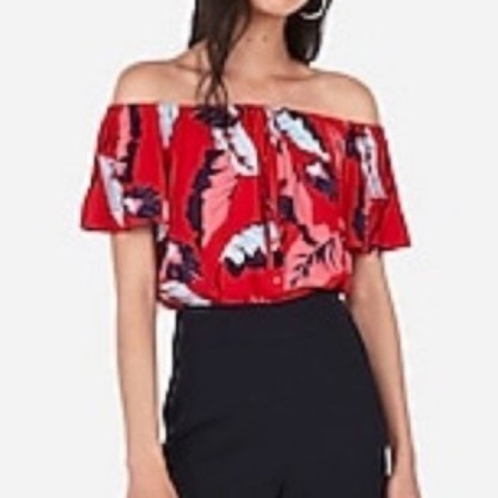 Express Red & Blue Leaf Print Off The Shoulder Blouse